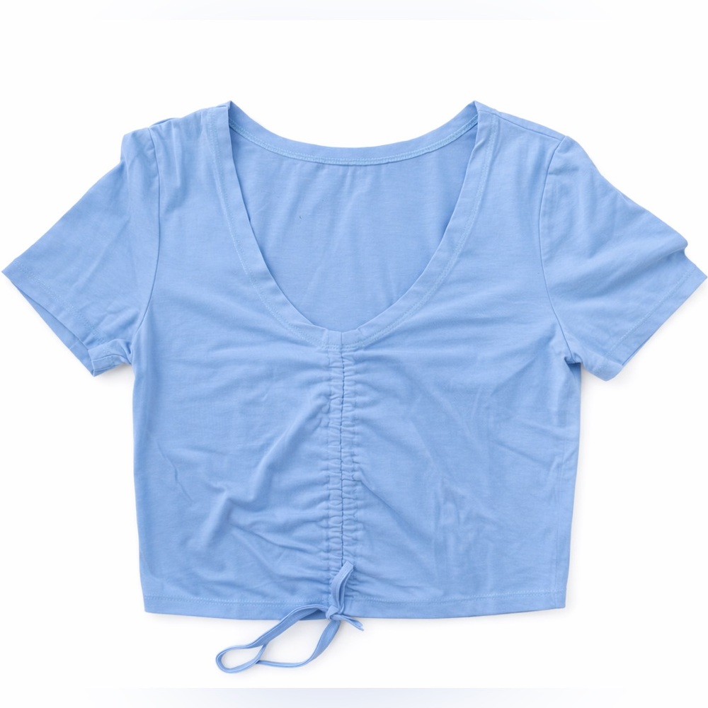 Y2K Blue Ruched Tie Front Crop Top V Neck Short Sleeve Baby Tee XS